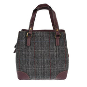 Ladies Harris Tweed And Leather Hand Bag - GREY & RED CHECK / MAROON - Heritage Of Scotland -