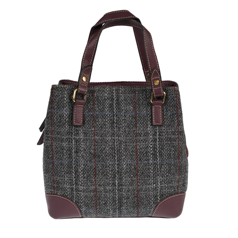 Ladies Harris Tweed And Leather Hand Bag - GREY & RED CHECK / MAROON - Heritage Of Scotland -
