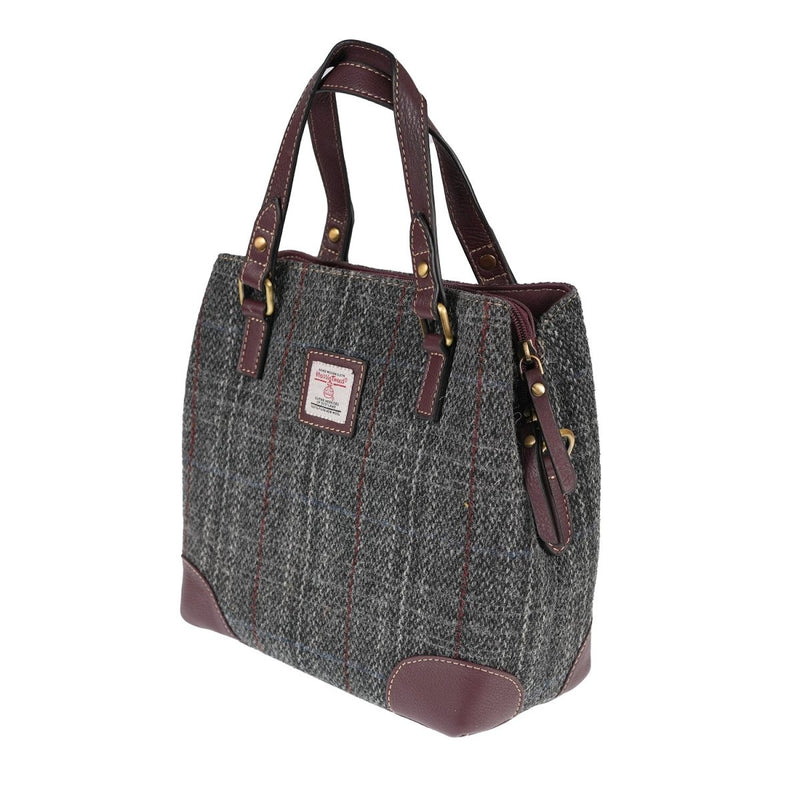 Ladies Harris Tweed And Leather Hand Bag - GREY & RED CHECK / MAROON - Heritage Of Scotland -