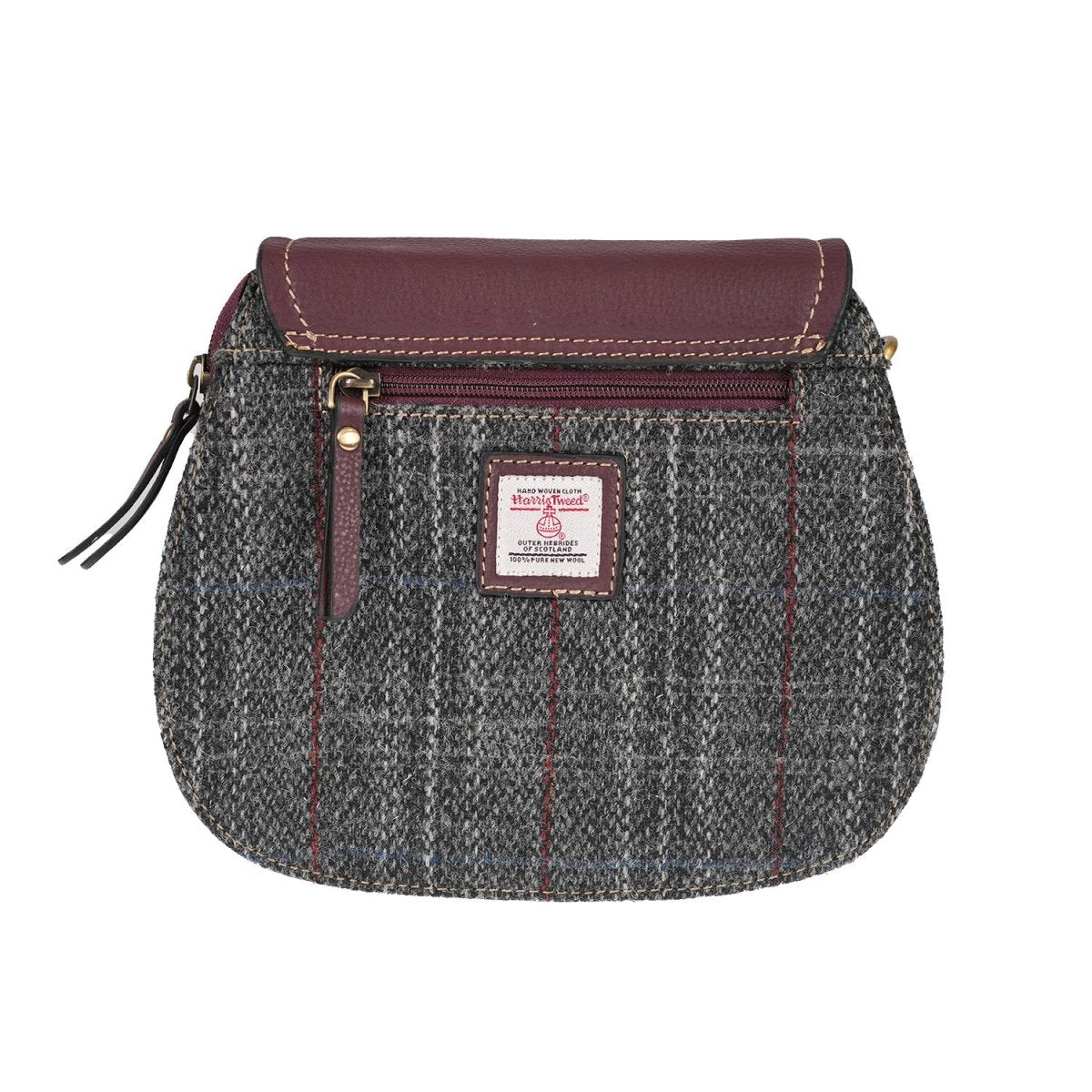 Ladies Harris Tweed and Leather Shoulder Bag - GREY & RED CHECK / MAROON - Heritage Of Scotland -