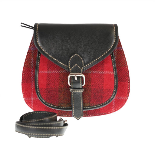 Ladies Harris Tweed and Leather Shoulder Bag - RED CHECK A / BLACK - Heritage Of Scotland -