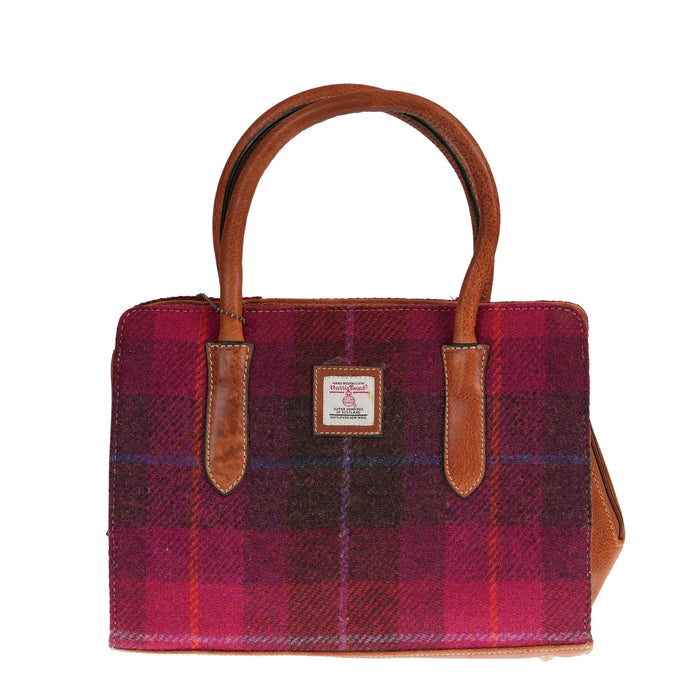 Ladies Ht Leather Hand Bag Cerise Check / Tan - Heritage Of Scotland - CERISE CHECK / TAN