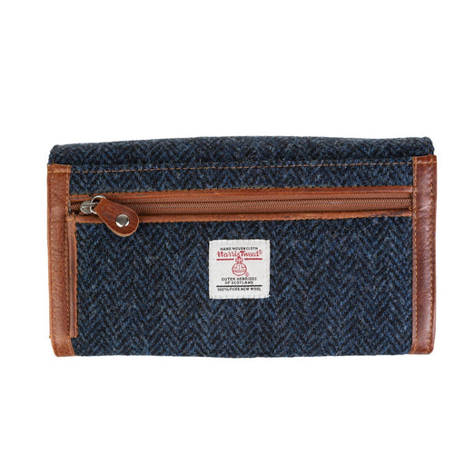 Ladies Ht Leather Long Purse Navy Blue Herringbone / Tan - Heritage Of Scotland - NAVY BLUE HERRINGBONE / TAN