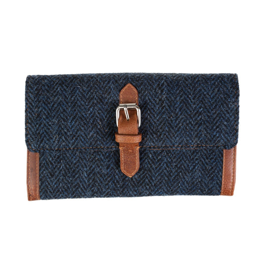 Ladies Ht Leather Long Purse Navy Blue Herringbone / Tan - Heritage Of Scotland - NAVY BLUE HERRINGBONE / TAN