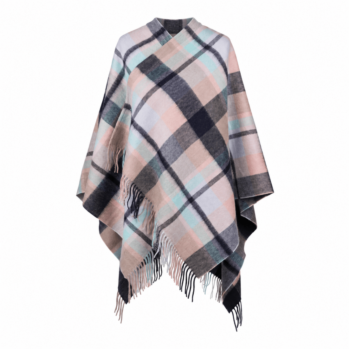Ladies Mini Cape Edinburgh 100% Lambswool - Myriad Check Navy, Greige & Light Blue - Heritage Of Scotland -