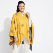 Ladies Mustard Yellow Dandelion Print Reversible Cape Wrap - OCHRE AND GREY - Heritage Of Scotland -