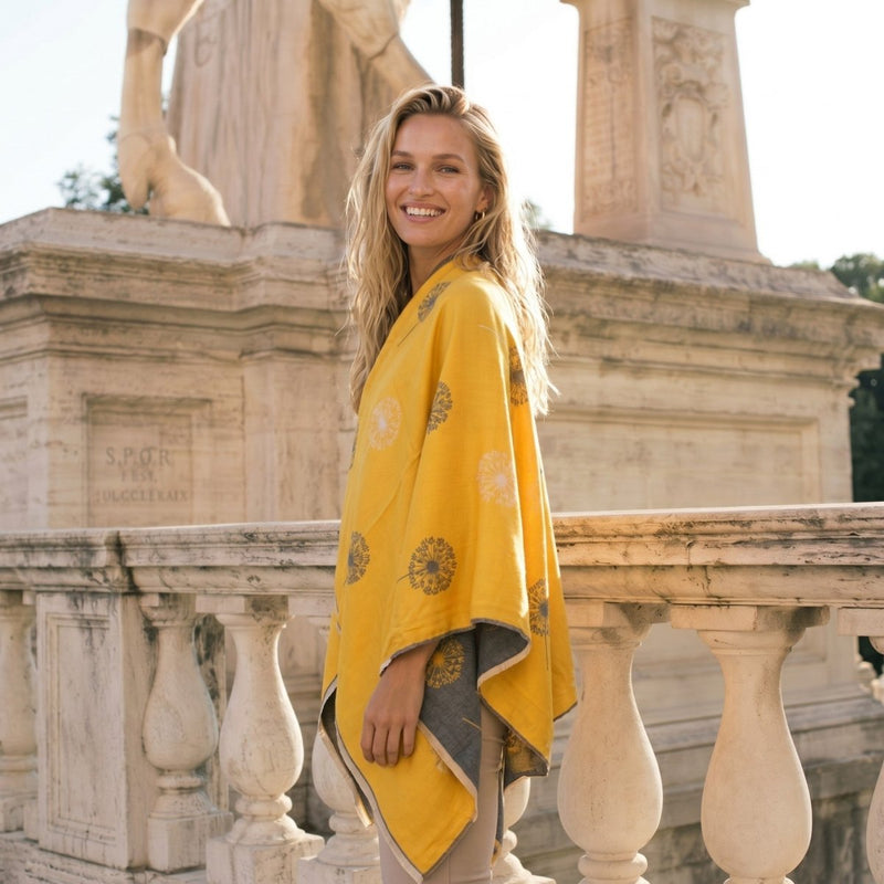 Ladies Mustard Yellow Dandelion Print Reversible Cape Wrap - OCHRE AND GREY - Heritage Of Scotland -
