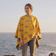 Ladies Mustard Yellow Horse Print Reversible Wrap Cape - ORCHE AND LIGHT GREY - Heritage Of Scotland -