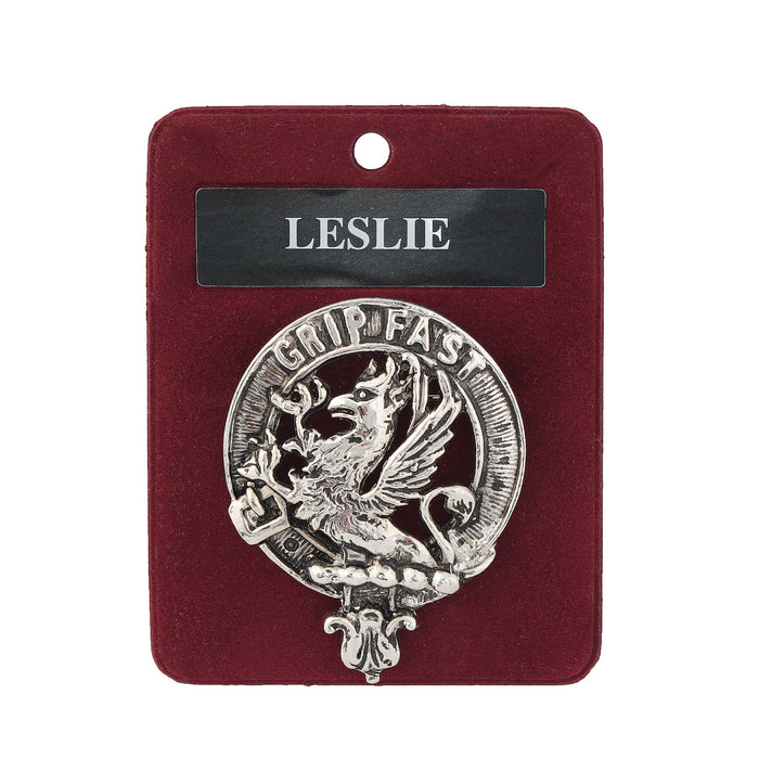 Leslie Clan Badge, Kilt Pin, Lapel Pin, Cufflinks, Keyring/Key Fob & Gift Set — Fine Pewter by Art Pewter — Made in Scotland (Shiny Finish) - Heritage Of Scotland - Badge