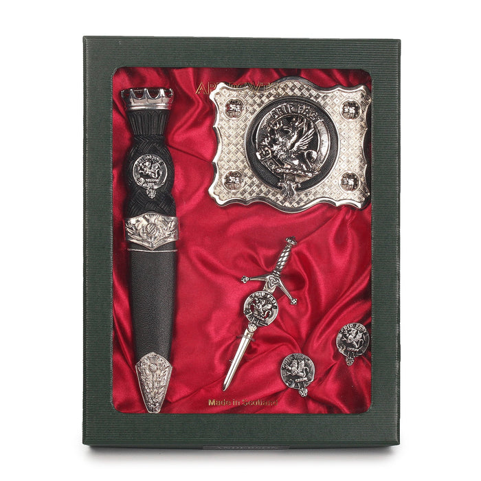 Leslie Clan Badge, Kilt Pin, Lapel Pin, Cufflinks, Keyring/Key Fob & Gift Set — Fine Pewter by Art Pewter — Made in Scotland (Shiny Finish) - Heritage Of Scotland - Gift Set
