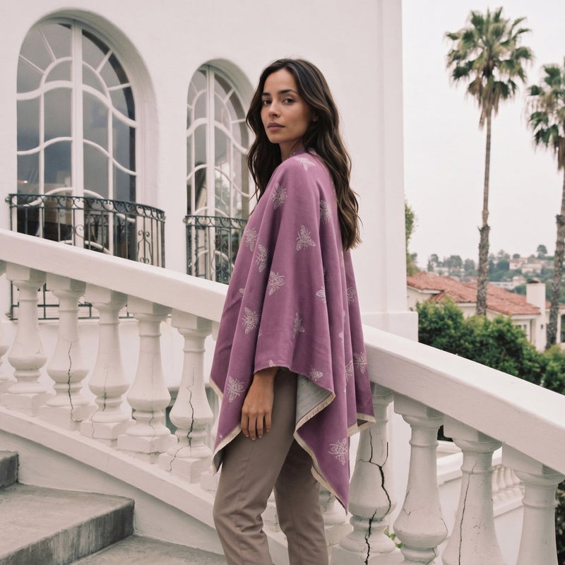 Lilac Bee Print Reversible Wrap Cape for Women - PURPLE AND LIGHT GREY - Heritage Of Scotland -