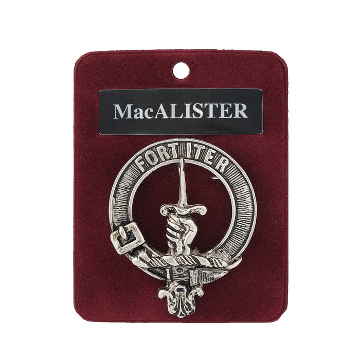 MacAlister Clan Badge, Kilt Pin, Lapel Pin, Cufflinks, Keyring/Key Fob & Gift Set — Fine Pewter by Art Pewter — Made in Scotland (Shiny Finish) - Heritage Of Scotland - Badge