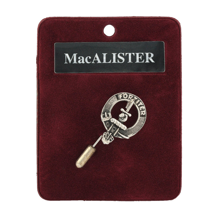 MacAlister Clan Badge, Kilt Pin, Lapel Pin, Cufflinks, Keyring/Key Fob & Gift Set — Fine Pewter by Art Pewter — Made in Scotland (Shiny Finish) - Heritage Of Scotland - Lapel Pin