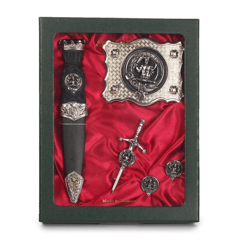 MacAulay Clan Badge, Kilt Pin, Lapel Pin, Cufflinks, Keyring/Key Fob & Gift Set — Fine Pewter by Art Pewter — Made in Scotland (Shiny Finish) - Heritage Of Scotland - Gift Set