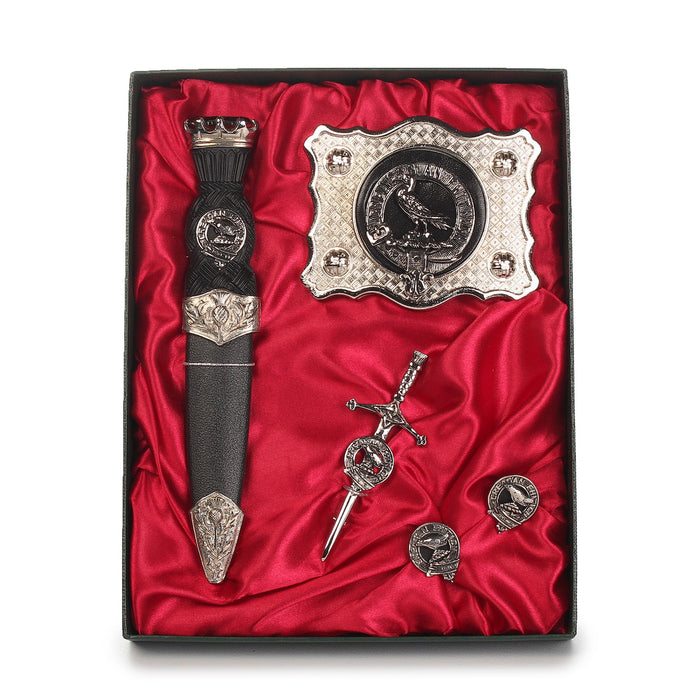 MacDonald of Glengarry Clan Badge, Kilt Pin, Lapel Pin, Cufflinks, Keyring/Key Fob & Gift Set — Fine Pewter by Art Pewter — Made in Scotland (Shiny Finish) - Heritage Of Scotland - Gift Set