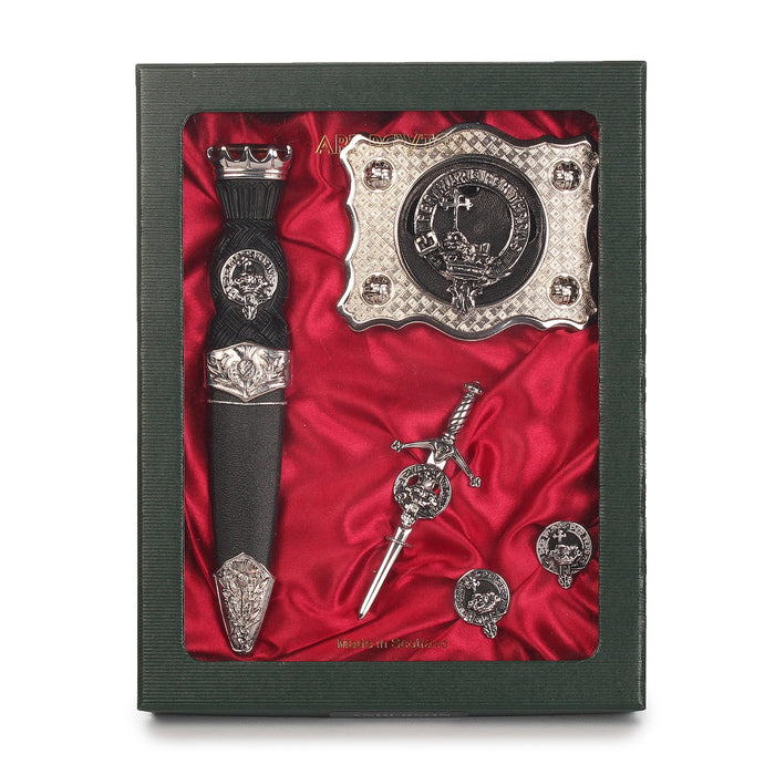 MacDonald of the Isles Clan Badge, Kilt Pin, Lapel Pin, Cufflinks, Keyring/Key Fob & Gift Set — Fine Pewter by Art Pewter — Made in Scotland (Shiny Finish) - Heritage Of Scotland - Gift Set