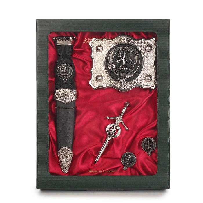 MacEwen Clan Badge, Kilt Pin, Lapel Pin, Cufflinks, Keyring/Key Fob & Gift Set — Fine Pewter by Art Pewter — Made in Scotland (Shiny Finish) - Heritage Of Scotland - Gift Set