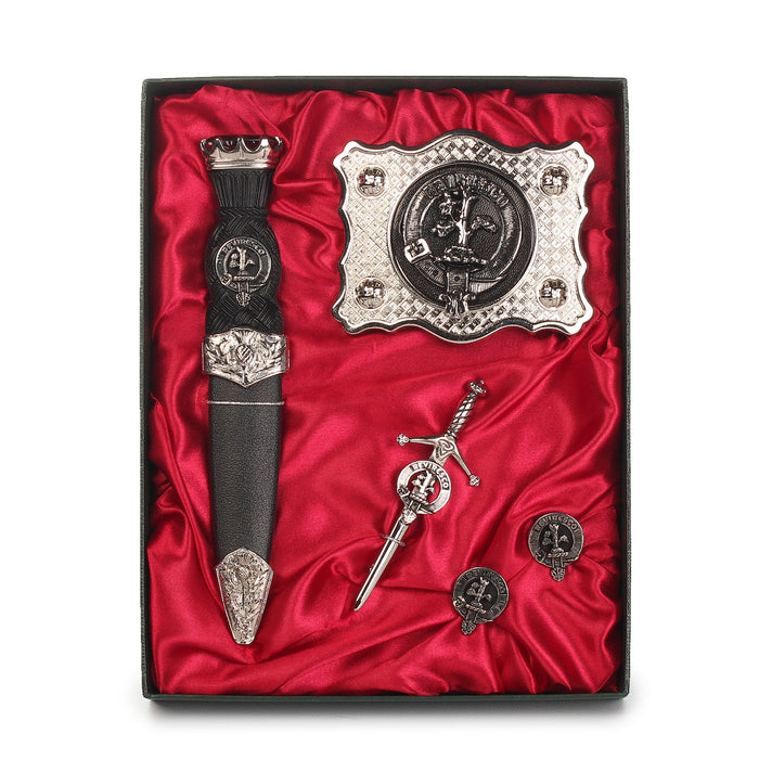 MacEwen Clan Badge, Kilt Pin, Lapel Pin, Cufflinks, Keyring/Key Fob & Gift Set — Fine Pewter by Art Pewter — Made in Scotland (Shiny Finish) - Heritage Of Scotland - Gift Set