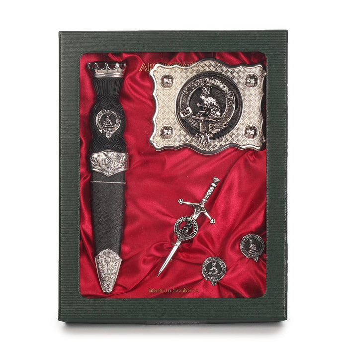 MacGillivray Clan Badge, Kilt Pin, Lapel Pin, Cufflinks, Keyring/Key Fob & Gift Set — Fine Pewter by Art Pewter — Made in Scotland (Shiny Finish) - Heritage Of Scotland - Gift Set