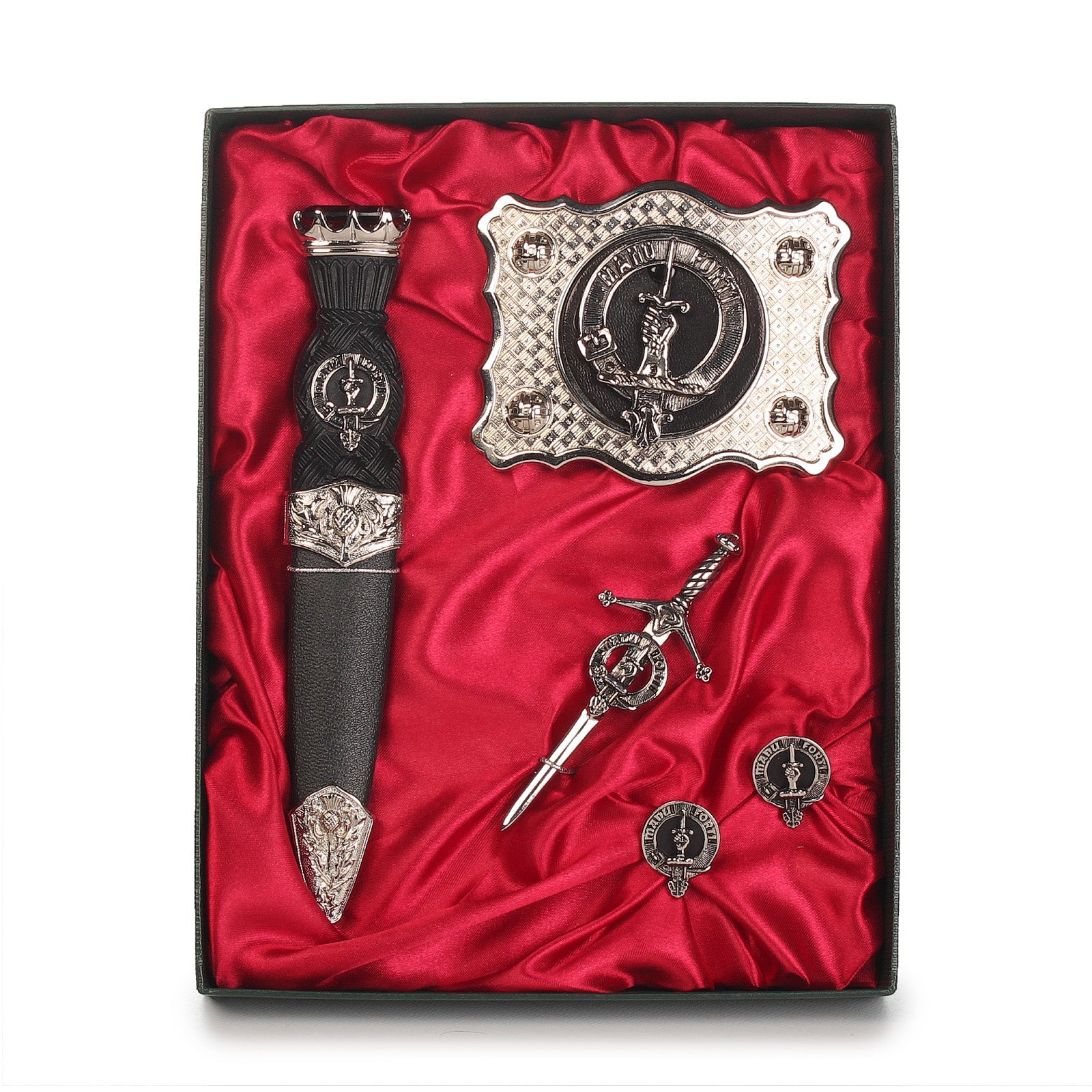 MacKay Clan Badge, Kilt Pin, Lapel Pin, Cufflinks, Keyring/Key Fob & Gift Set — Fine Pewter by Art Pewter — Made in Scotland (Shiny Finish) - Heritage Of Scotland - Gift Set