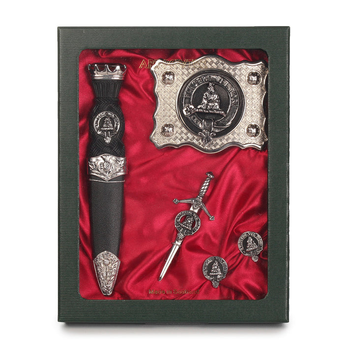 MacNeil Clan Badge, Kilt Pin, Lapel Pin, Cufflinks, Keyring/Key Fob & Gift Set — Fine Pewter by Art Pewter — Made in Scotland (Shiny Finish) - Heritage Of Scotland - Gift Set