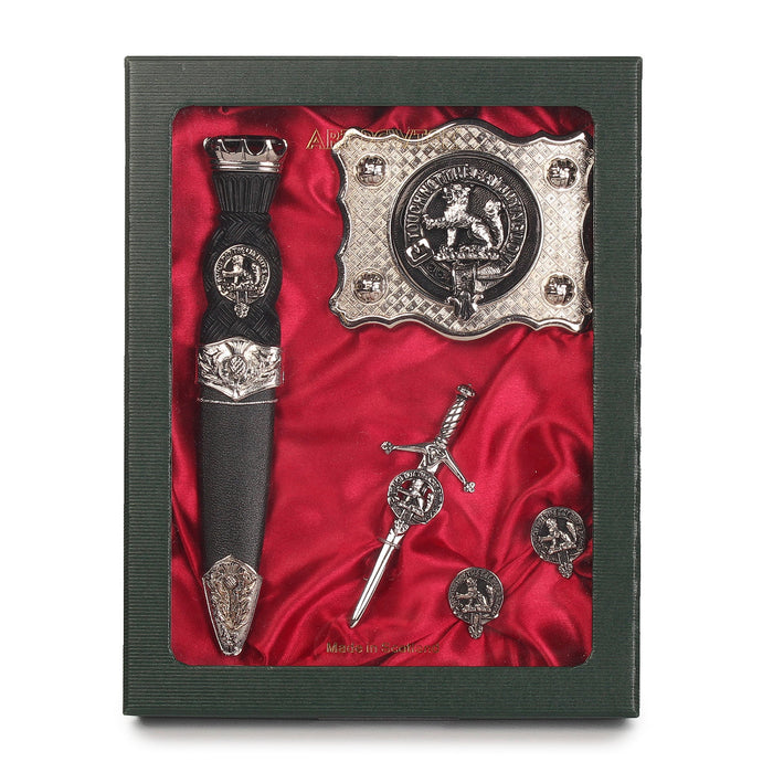 MacPherson Clan Badge, Kilt Pin, Lapel Pin, Cufflinks, Keyring/Key Fob & Gift Set — Fine Pewter by Art Pewter — Made in Scotland (Shiny Finish) - Heritage Of Scotland - Gift Set