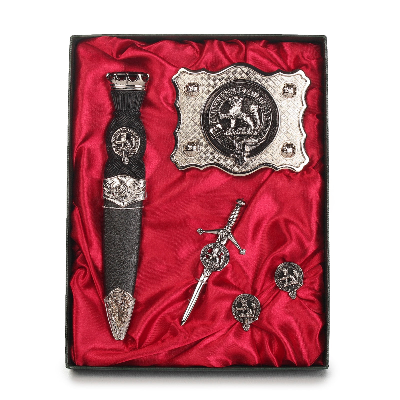 MacPherson Clan Badge, Kilt Pin, Lapel Pin, Cufflinks, Keyring/Key Fob & Gift Set — Fine Pewter by Art Pewter — Made in Scotland (Shiny Finish) - Heritage Of Scotland - Gift Set