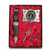 MacRae Clan Badge, Kilt Pin, Lapel Pin, Cufflinks, Keyring/Key Fob & Gift Set — Fine Pewter by Art Pewter — Made in Scotland (Shiny Finish) - Heritage Of Scotland - Gift Set