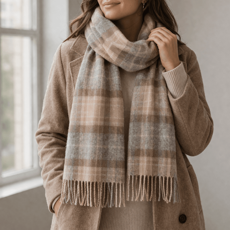 Marchbrae 100% Lambswool Scarf – Traditional Tartan & Check Designs - Made in Scotland - Heritage Of Scotland - Mackellar Natural