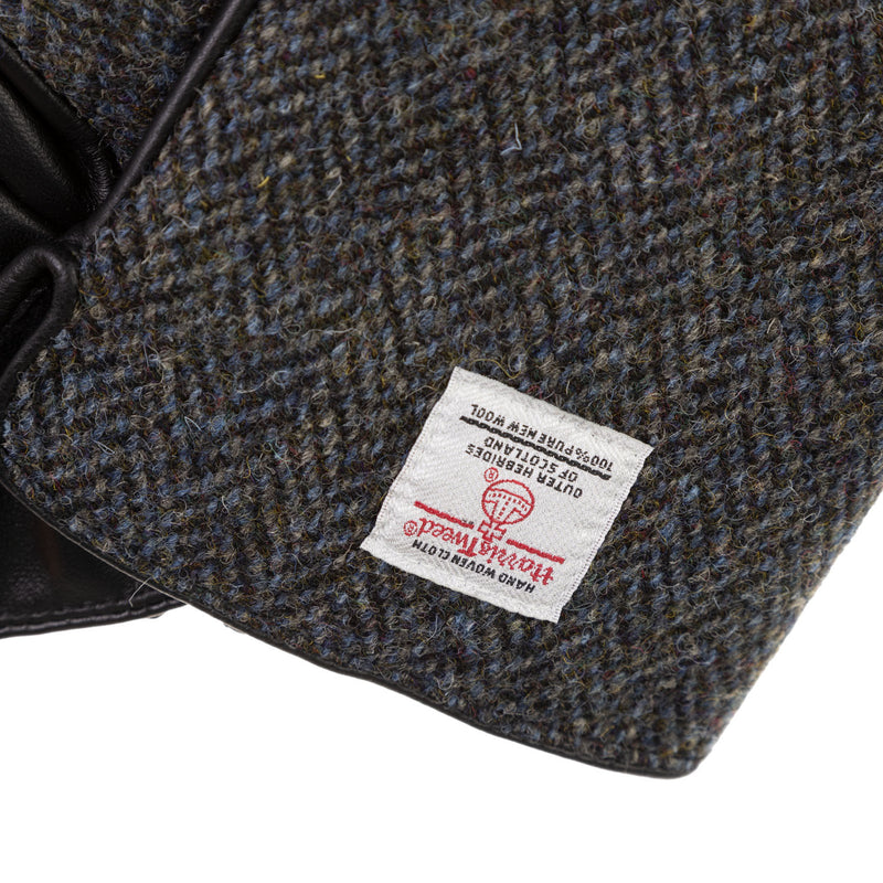 Men Touch Screen Leather Gloves Black Grey Herringbone - Heritage Of Scotland - BLACK GREY HERRINGBONE