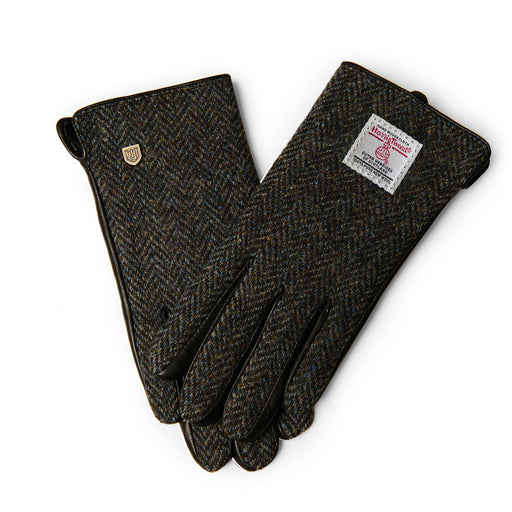 Men Touch Screen Leather Gloves Black Grey Herringbone - Heritage Of Scotland - BLACK GREY HERRINGBONE