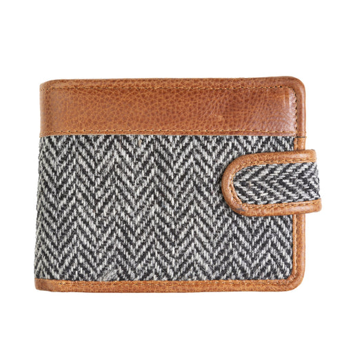 Mens Ht Leather Wallet With Loop Closer Black & White Herringbone / Tan - Heritage Of Scotland - BLACK & WHITE HERRINGBONE / TAN