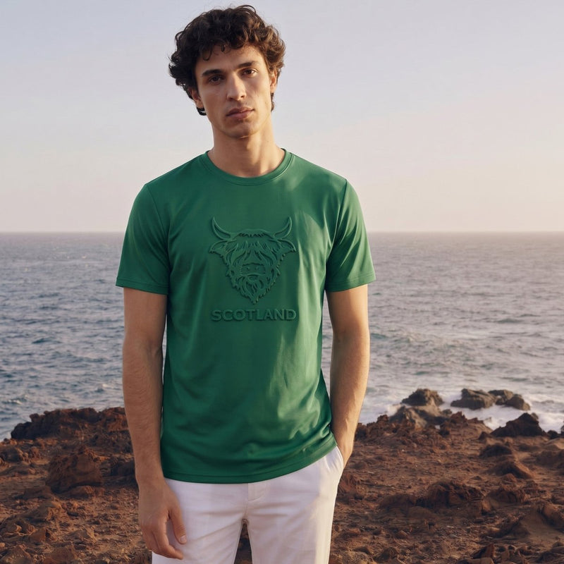 Men's Scotland Cow Embossed T-Shirt Green - Heritage Of Scotland - S