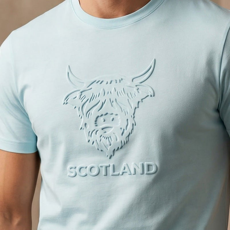 Men's Scotland Cow Embossed T-Shirt Light Turquoise - Heritage Of Scotland - S