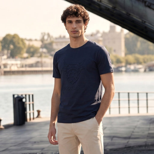 Men's Scotland Cow Embossed T-Shirt Navy - Heritage Of Scotland - S
