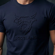 Men's Scotland Cow Embossed T-Shirt Navy - Heritage Of Scotland - S