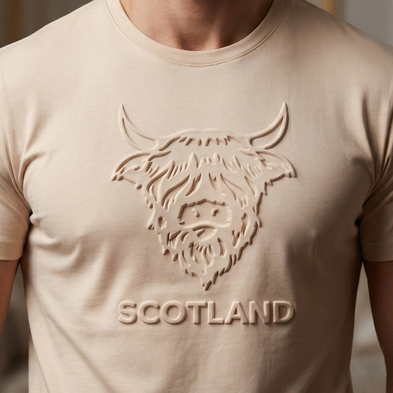 Men's Scotland Cow Embossed T-Shirt Off - White - Heritage Of Scotland - M