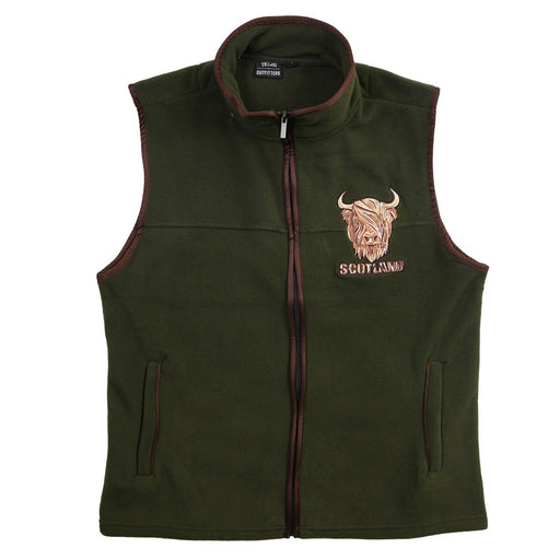 Men’s Scotland Highland Cow Gilet Green – Fleece Zip Vest with Embroidery - Heritage Of Scotland - L
