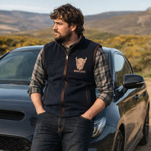 Men’s Scotland Highland Cow Gilet Navy – Fleece Zip Vest with Embroidery - Heritage Of Scotland - L
