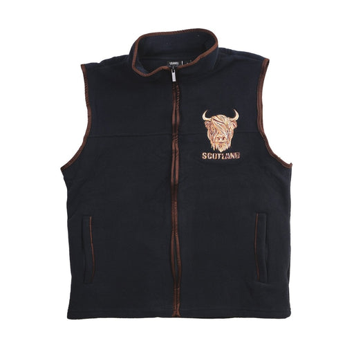 Men’s Scotland Highland Cow Gilet Navy – Fleece Zip Vest with Embroidery - Heritage Of Scotland - L