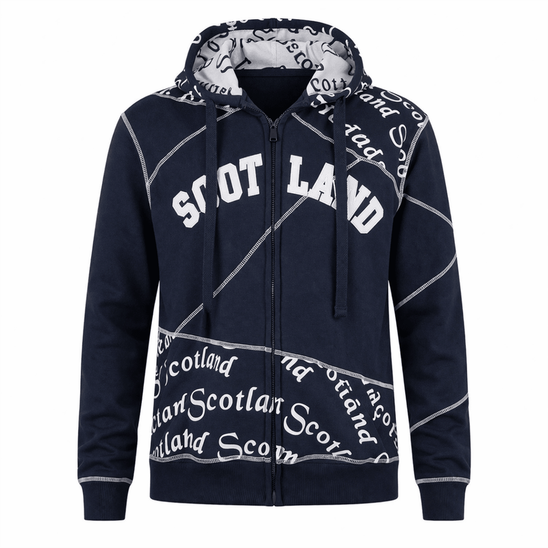 Men’s Scotland Zip Hoodie Navy – Graphic Stitch Hooded Sweatshirt - Heritage Of Scotland - NAVY