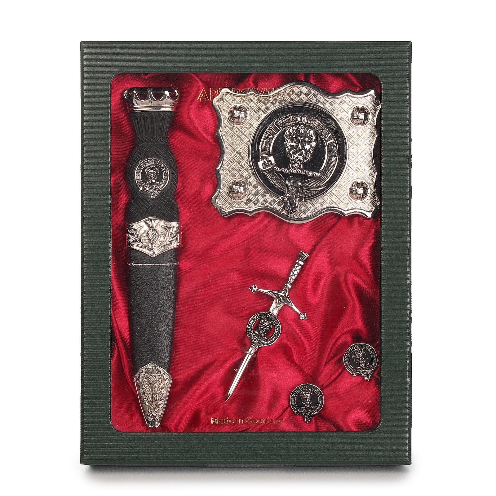 Menzies Clan Badge, Kilt Pin, Lapel Pin, Cufflinks, Keyring/Key Fob & Gift Set — Fine Pewter by Art Pewter — Made in Scotland (Shiny Finish) - Heritage Of Scotland - Gift Set