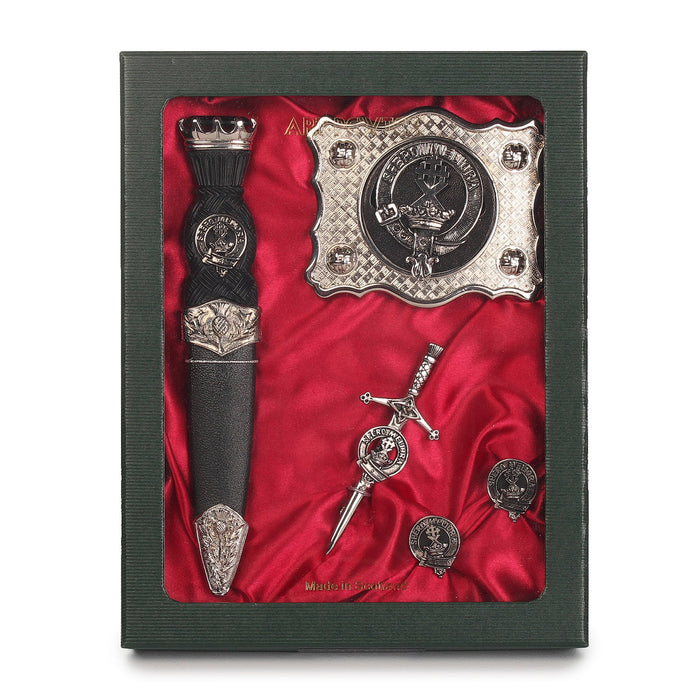 Moffat Clan Badge, Kilt Pin, Lapel Pin, Cufflinks, Keyring/Key Fob & Gift Set — Fine Pewter by Art Pewter — Made in Scotland (Shiny Finish) - Heritage Of Scotland - Gift Set