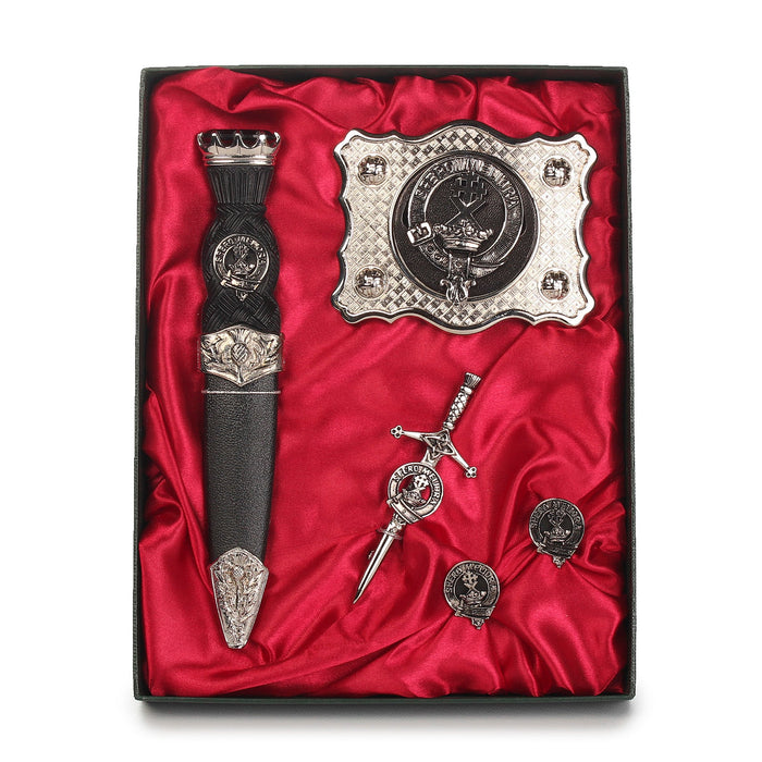 Moffat Clan Badge, Kilt Pin, Lapel Pin, Cufflinks, Keyring/Key Fob & Gift Set — Fine Pewter by Art Pewter — Made in Scotland (Shiny Finish) - Heritage Of Scotland - Gift Set