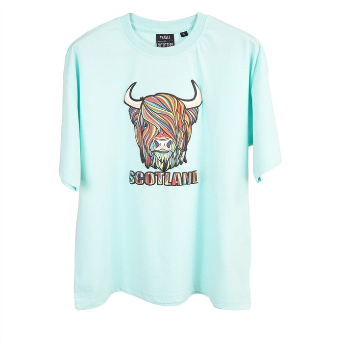 Pastel Highland Cow 3D Puff T-Shirt Aqua – Scotland Graphic Unisex Tee - Heritage Of Scotland - XS