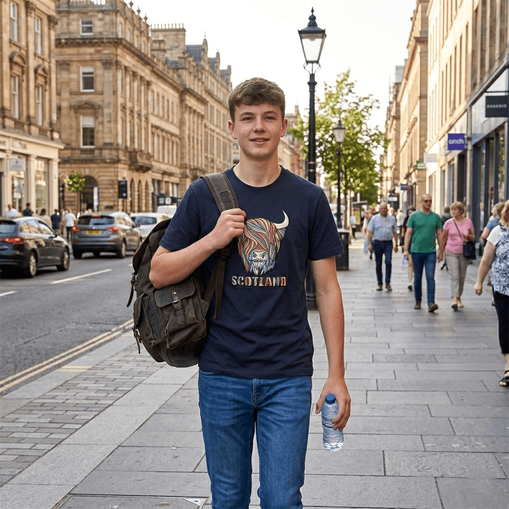Pastel Highland Cow T-shirt Navy - Heritage Of Scotland - XS