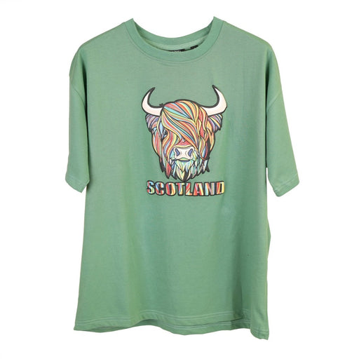 Pastel Highland Cow Tshirt Green - Heritage Of Scotland - XS