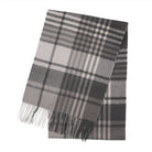 Premium 100% Pure Cashmere Wide Fringed Scarf - SQUARE GINGHAM GREY - Heritage Of Scotland -
