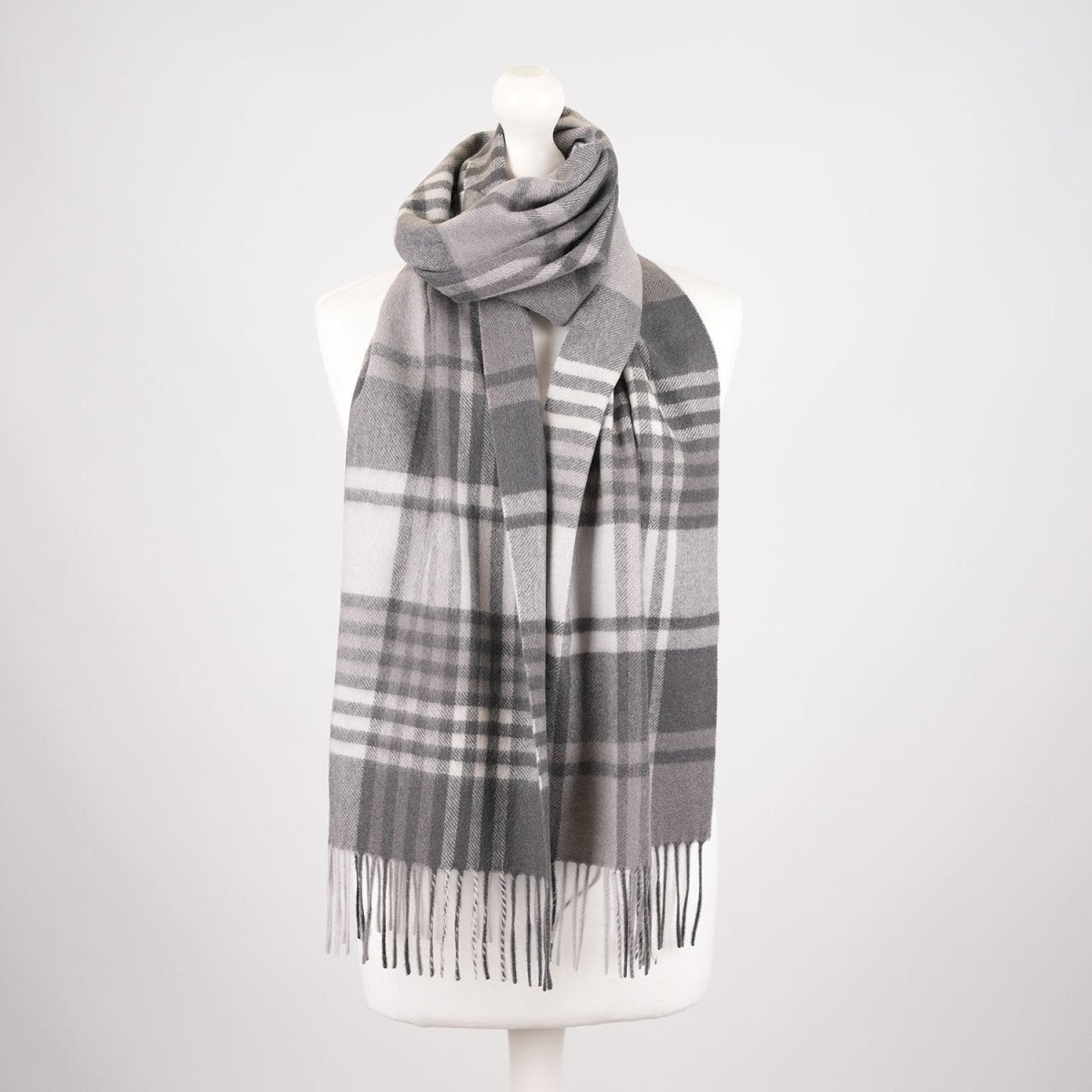 Premium 100% Pure Cashmere Wide Fringed Scarf - SQUARE GINGHAM GREY - Heritage Of Scotland -