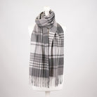Premium 100% Pure Cashmere Wide Fringed Scarf - SQUARE GINGHAM GREY - Heritage Of Scotland -